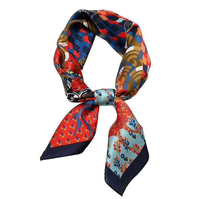 FEIBOON 100% Pure Mulberry Silk Scarfs 27"x27" Square Scarf Women Neckerchief Headscarf hair scarf bandana Gift Packed (Blue and Red Deer)